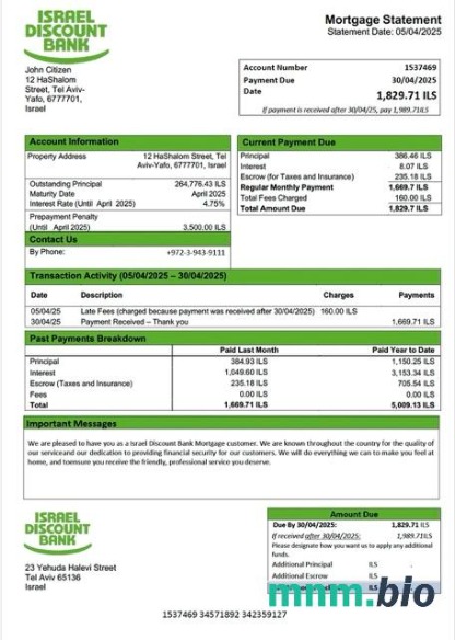 Izrael Bank Discount wyciąg z kredytu hipotecznego szablon Word i PDF